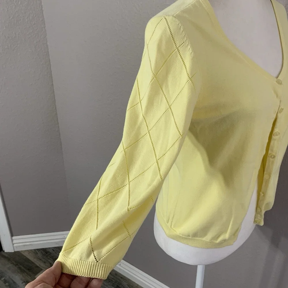 VTG Caslon Women's Petite Mp Butter Yellow 3/4 Sleeve Cotton Argyle‎ Cardigan